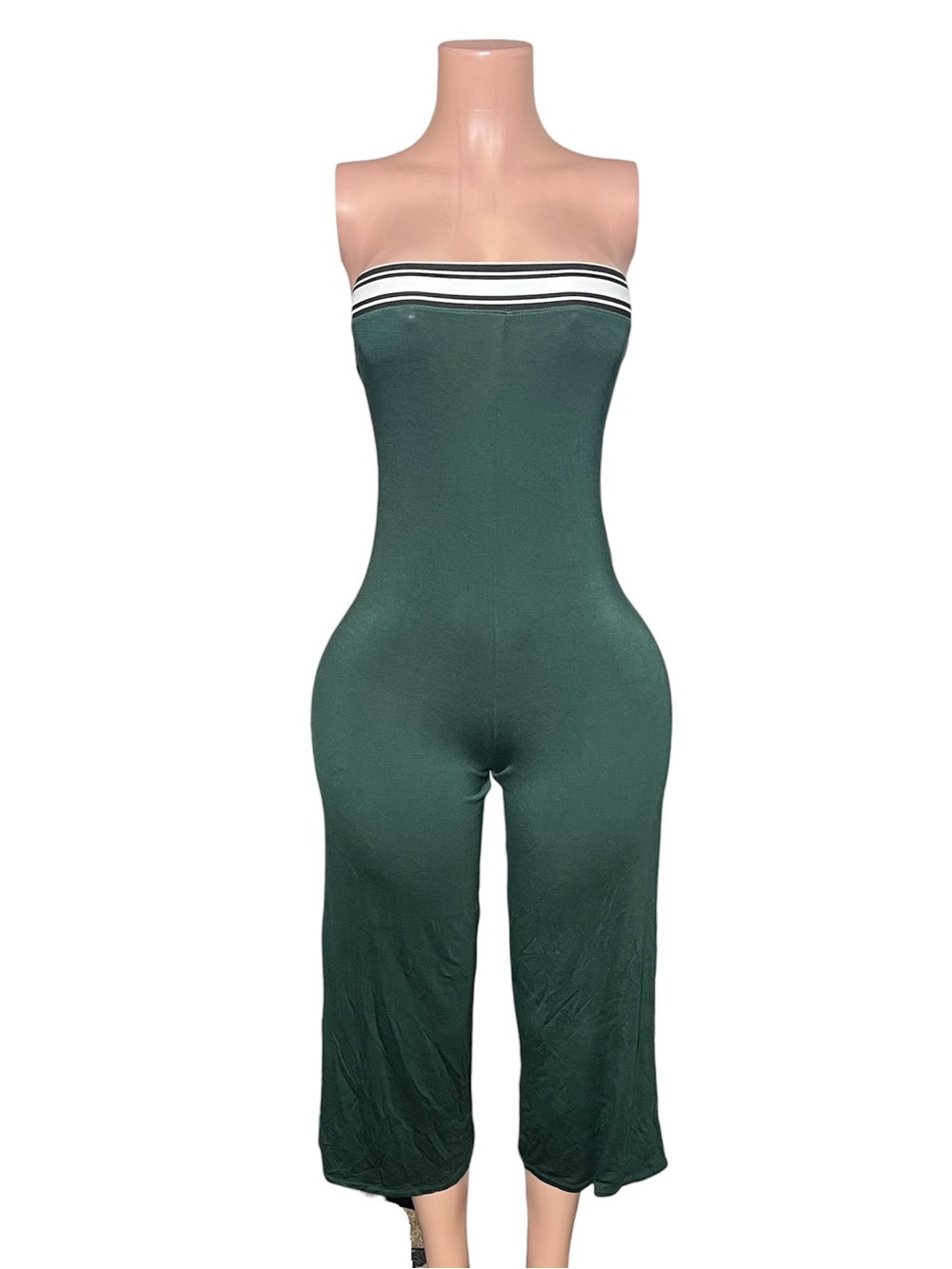 Strapless Green Wide-Leg Jumpsuit with Striped Bandeau